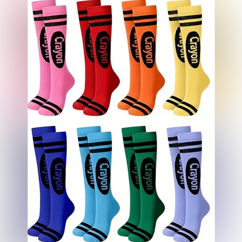 8 Crayon Colorful Socks - Pink, Red, Orange, Yellow, Blues, Green, and Purple